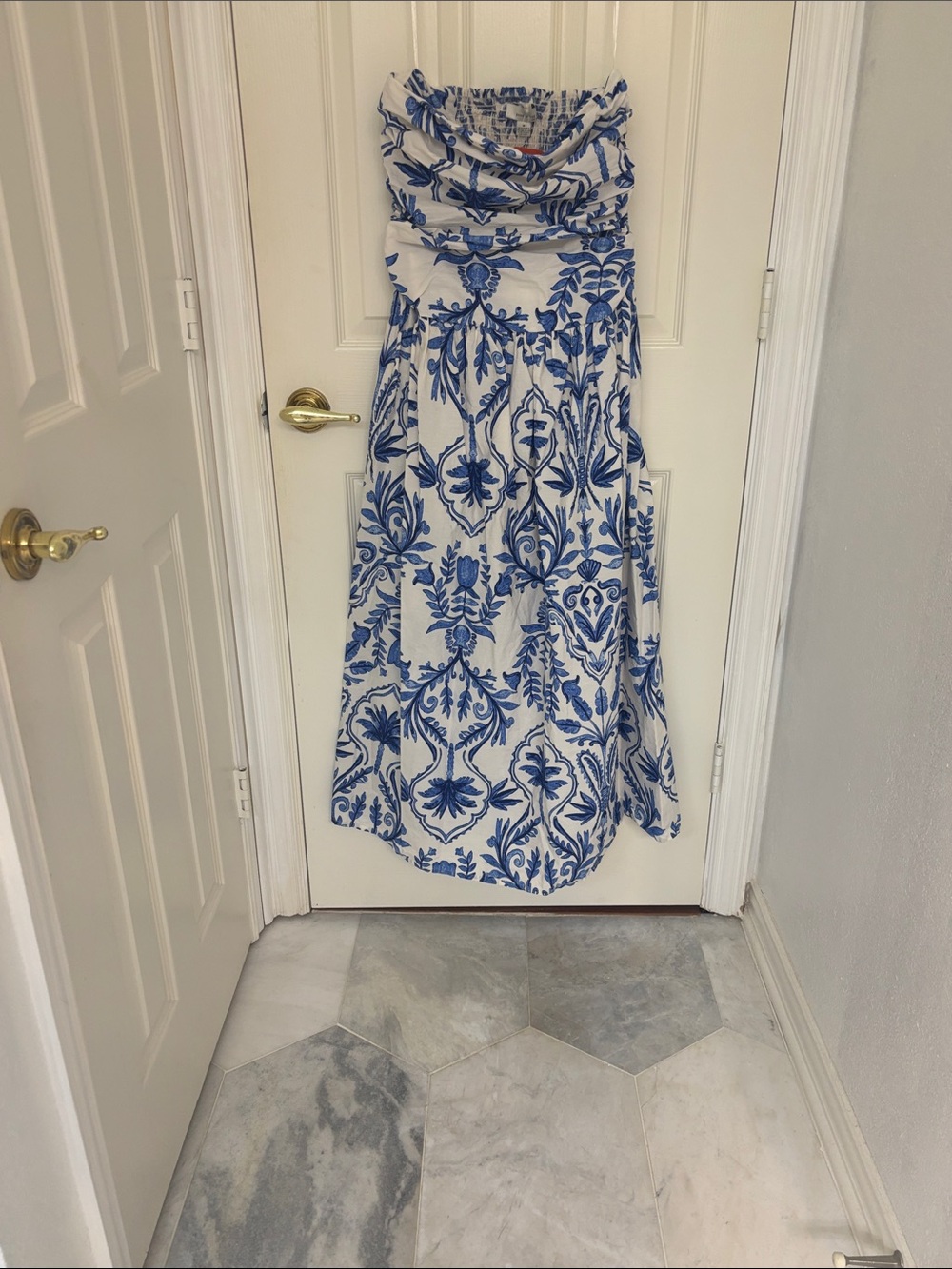 Strapless White Maxi Dress with Blue Floral Print